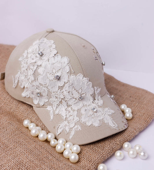Beige with Lace Hand Painted Cap & Rhinestones