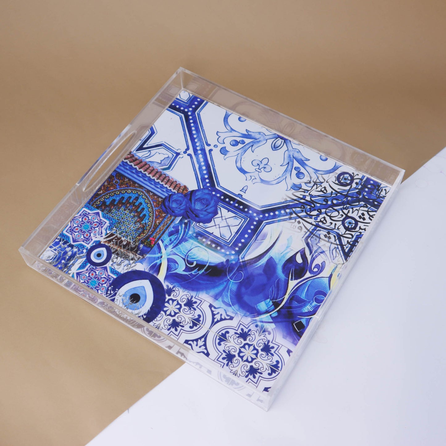 Blue Fatima Hands & Eyes Plexi Tray 30X30CM