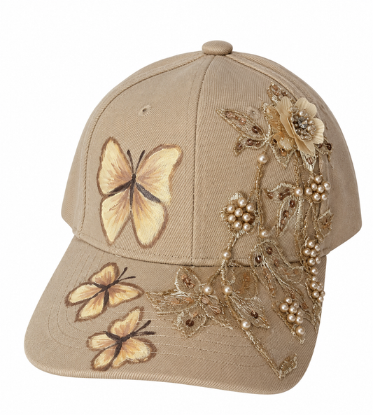 Beige Lace and Painted Butterflies Beige Cap