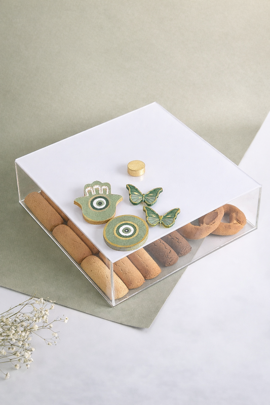Pistach embossed Eyes, Fatima Hands and Butterflies Handmade Plexi Square Box