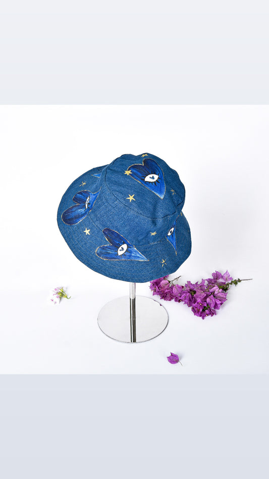 Painted Dark Blue Denim Fisherman Hat with Hearts & Eyes with Rhinestones
