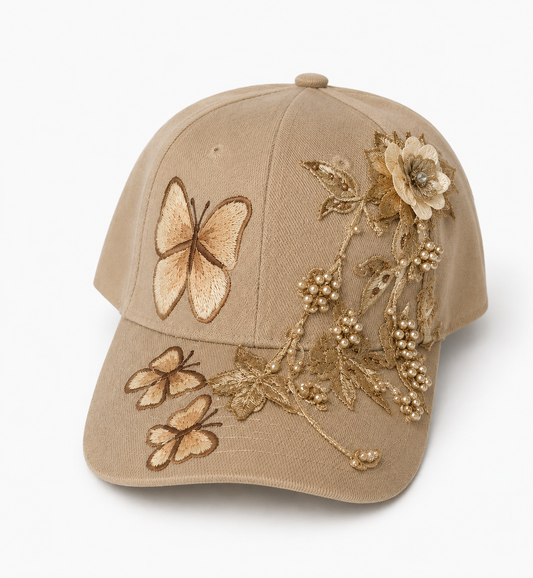 Beige Lace and Painted Butterflies Beige Cap