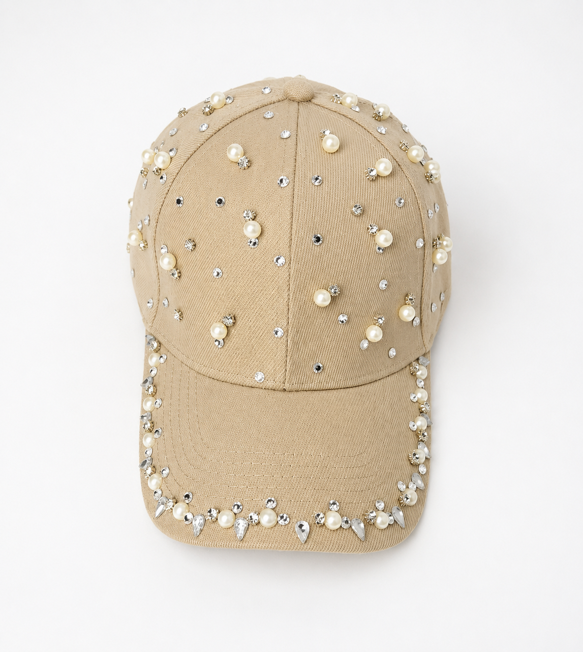 🤍 Handmade Beige Cap – Pearls & Crystal Embellishments