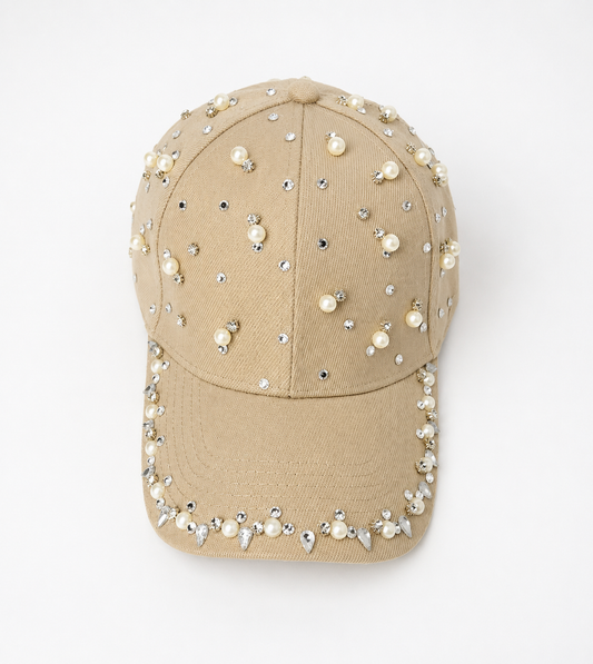 🤍 Handmade Beige Cap – Pearls & Crystal Embellishments
