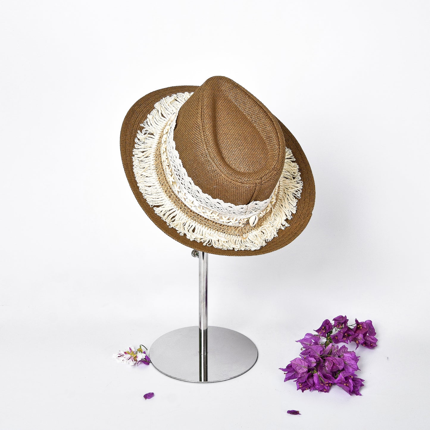Beige & Off-White Embellished Hat