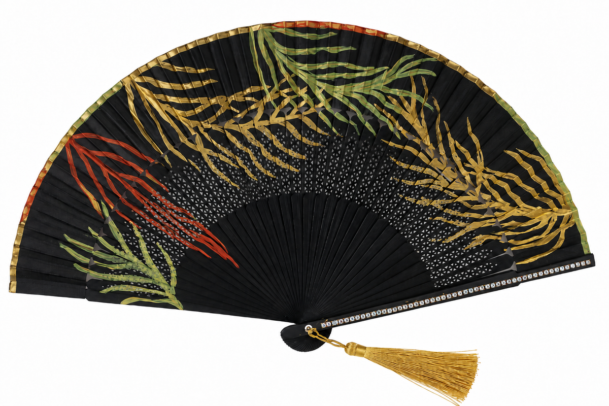 🖤🌿 Hand-Painted Black Fan – Multicolor Leaves & Crystal Details