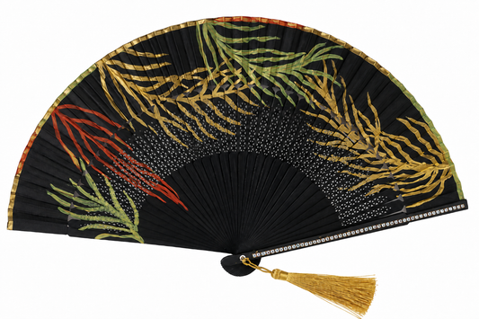 🖤🌿 Hand-Painted Black Fan – Multicolor Leaves & Crystal Details