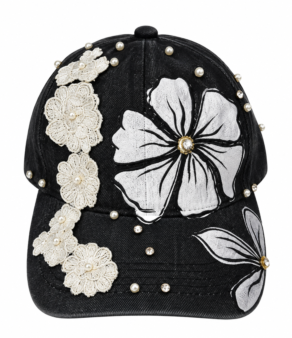 🖤🤍 Handmade Black Cap – White Florals & Pearls