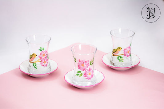 Bird & Flower Pink Blooms – Tea Cups with Saucers (Set of 6)