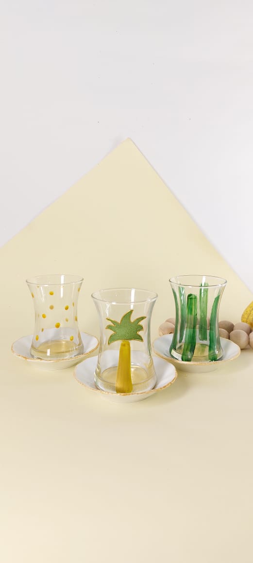 Green Palm Tree Tea Cups With Saucers Set of Six