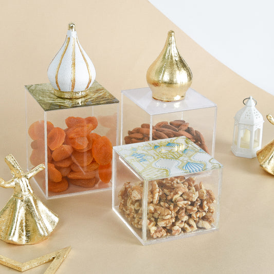 Islamic Village Gold Outline Plexi Boxes set of 3. 10x10x8cm, 10x10x10cm, 10x10x12cm