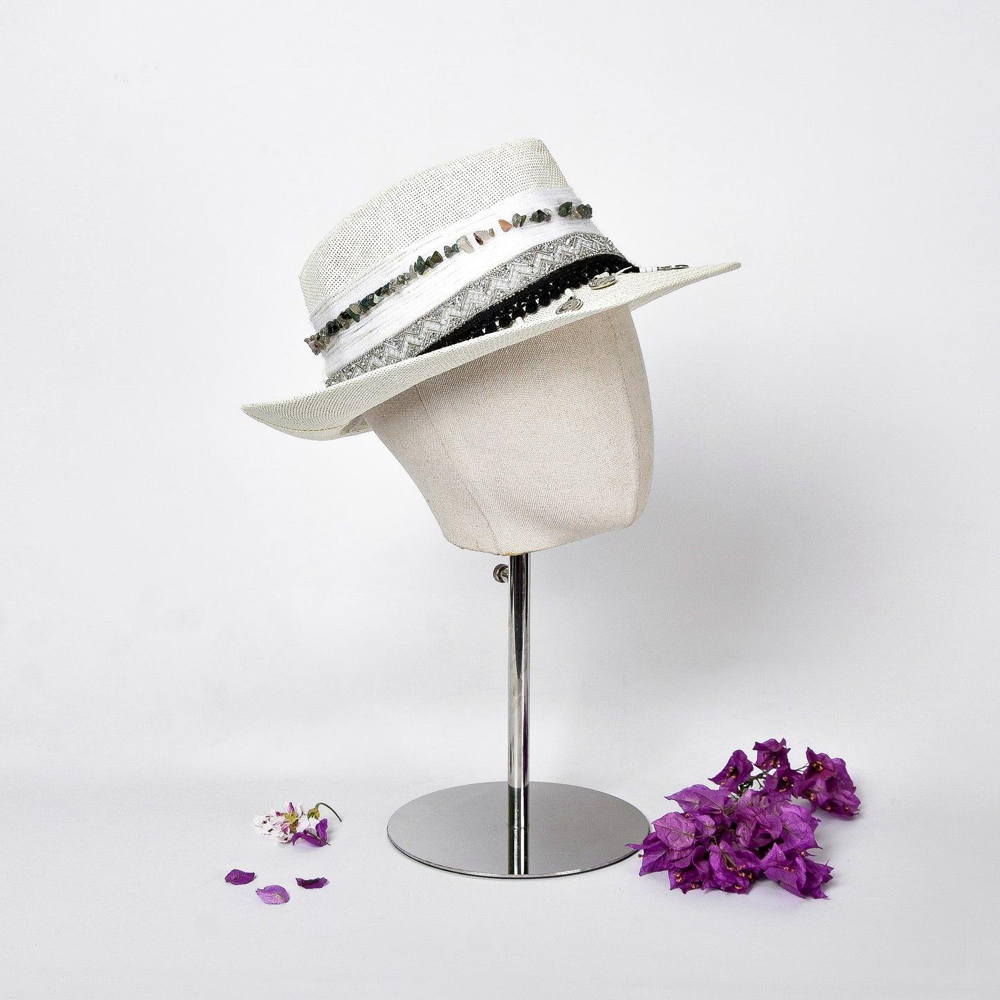 Black & White Embellished Hat with Silver Coins