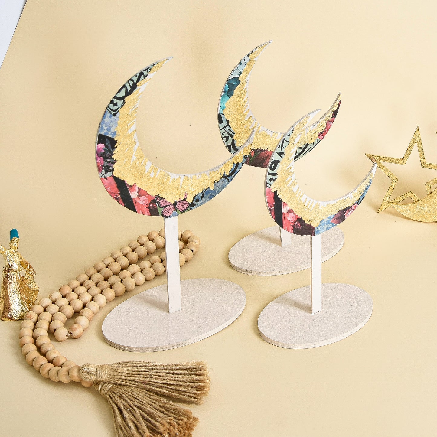 Off White & Gold Floral Wooden Crescent – Set of Three