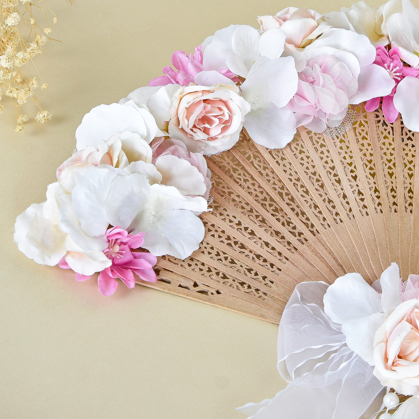 Bridal Fans – Pink Roses & Hydrangeas