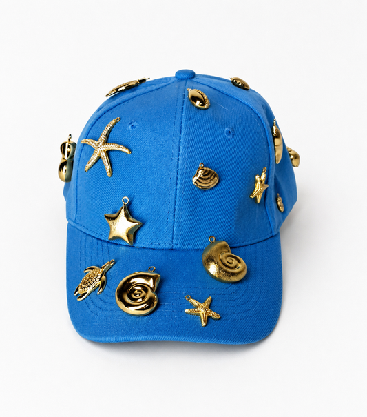 💙 Handmade Blue Cap – Golden Sea Life Charms