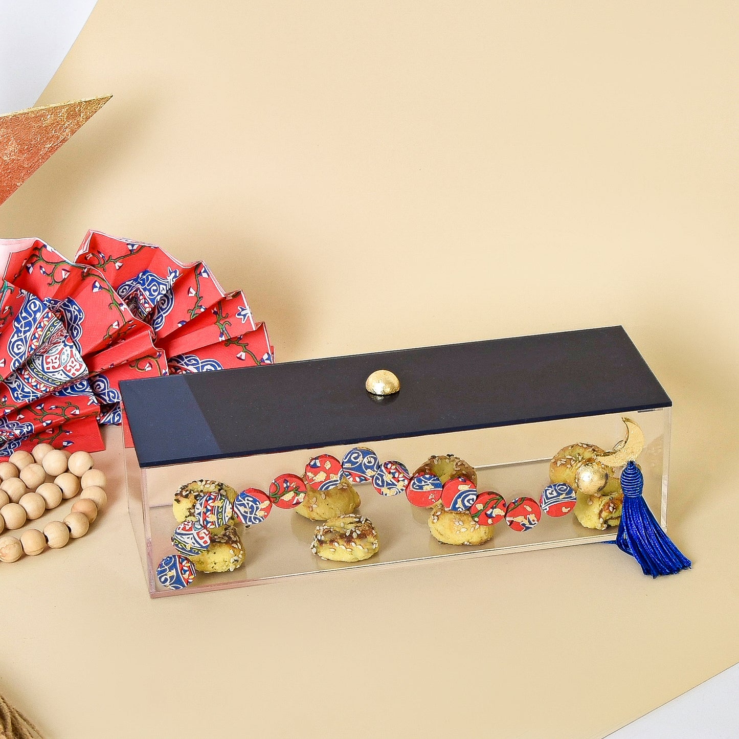 Egyptian Khayamiah Beaded Crescent with Gold Leaf – Acrylic Rectangular Box