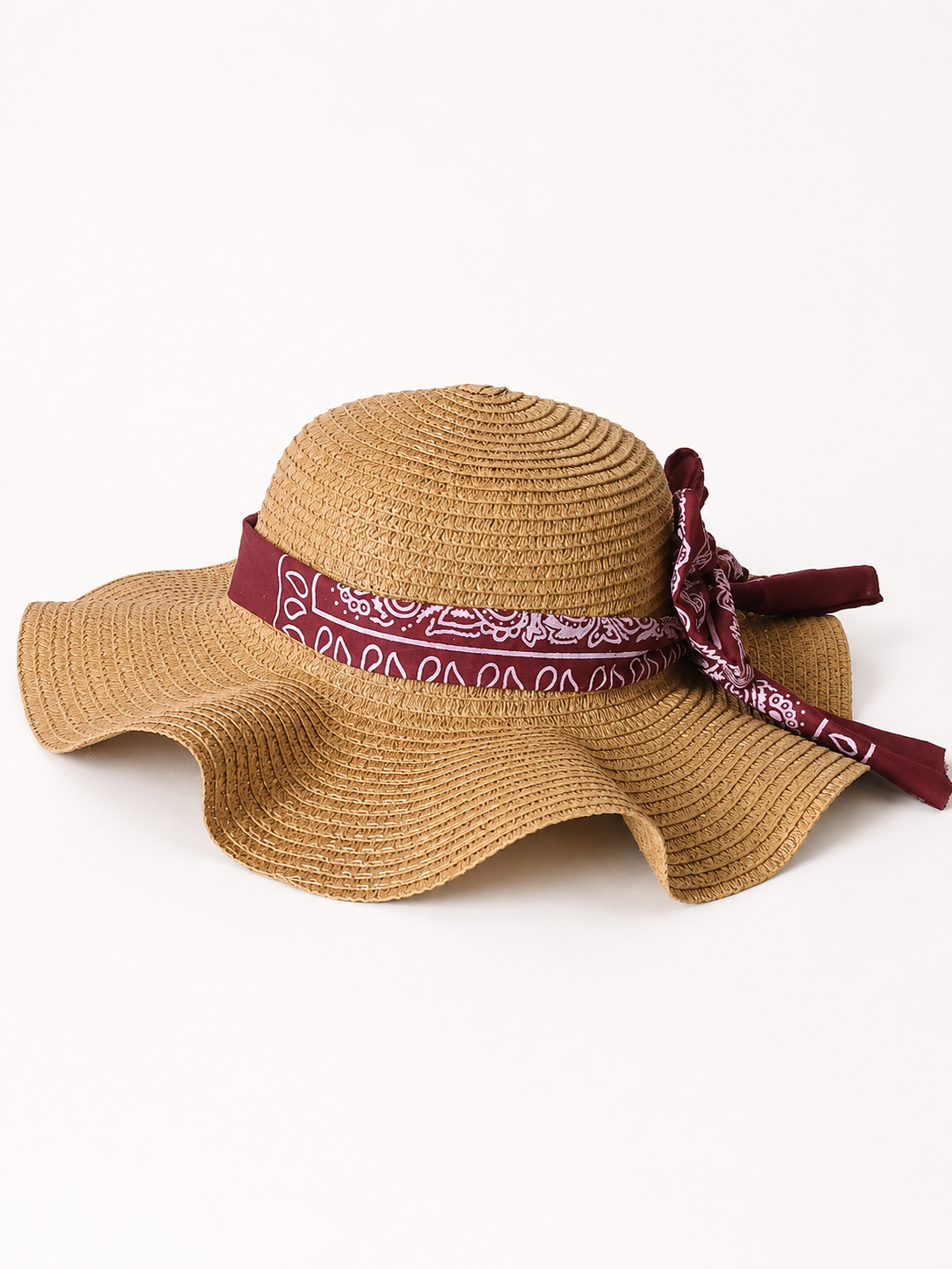 🤎 Handmade Summer Straw Hat – Burgundy Bandana Bow