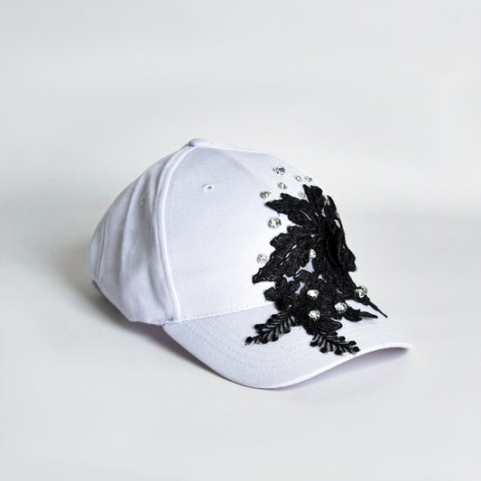Black Lace and Rhinestones White Cap