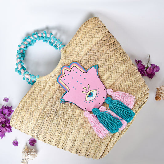 Straw Embellished Beach Bag with Pink Fatima Hand