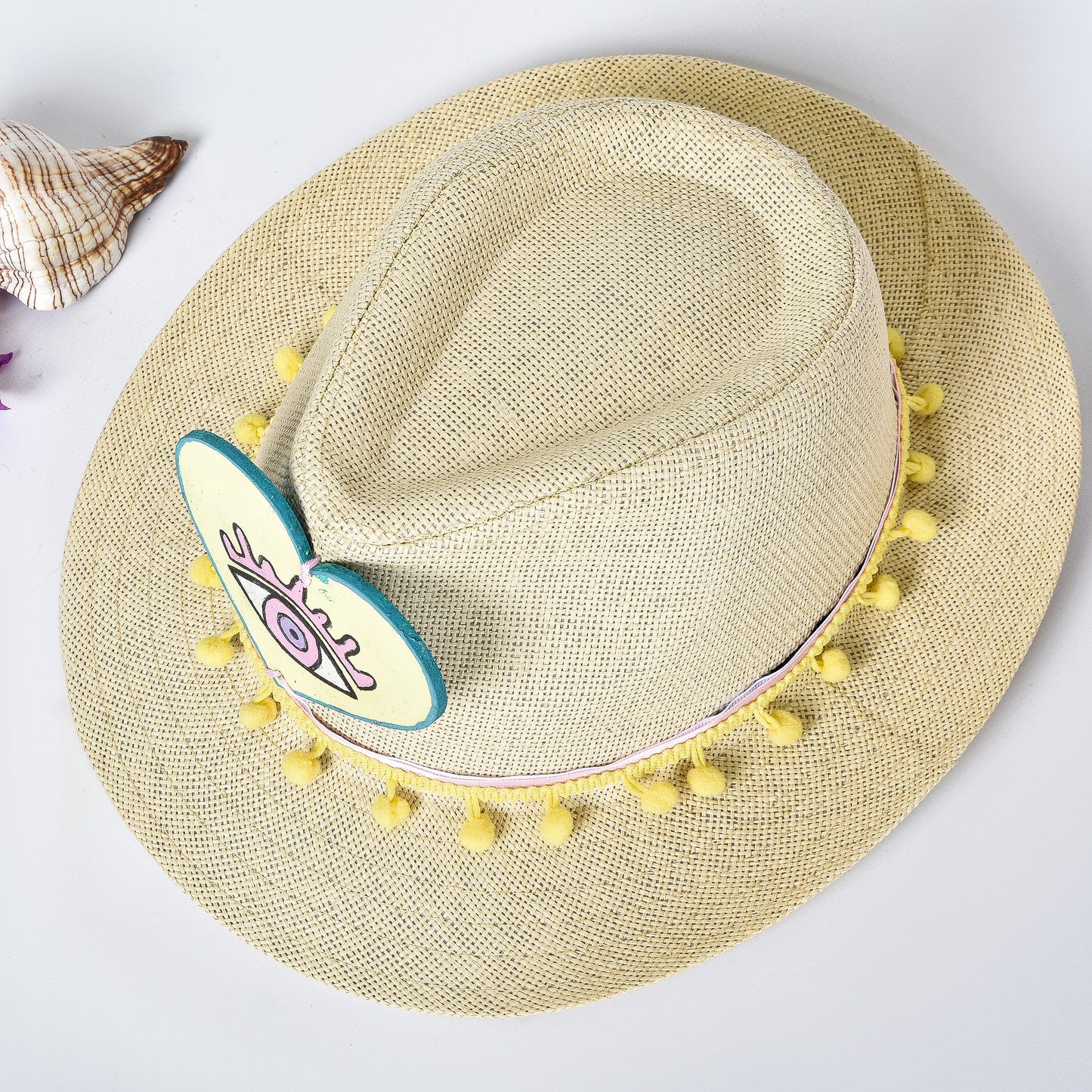 Beige Embellished Hat with Yellow Heart