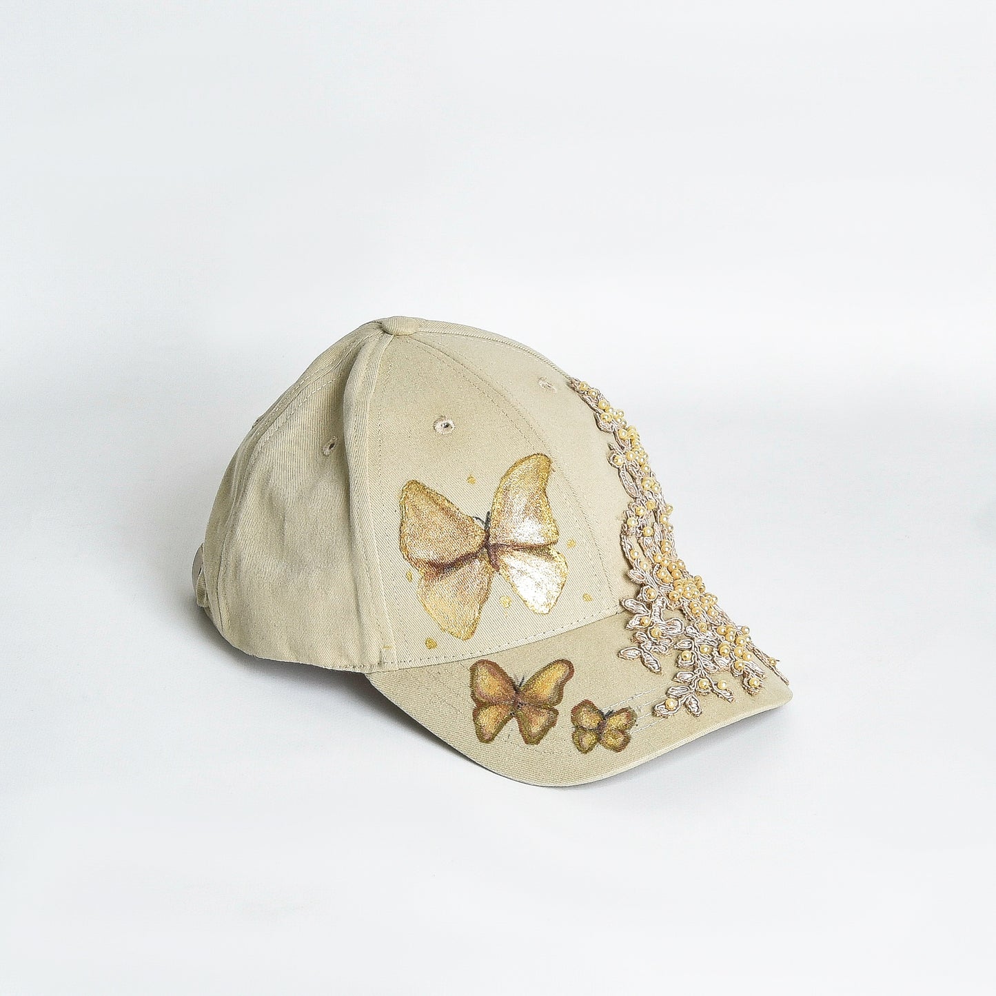 Beige Lace and Painted Butterflies Beige Cap