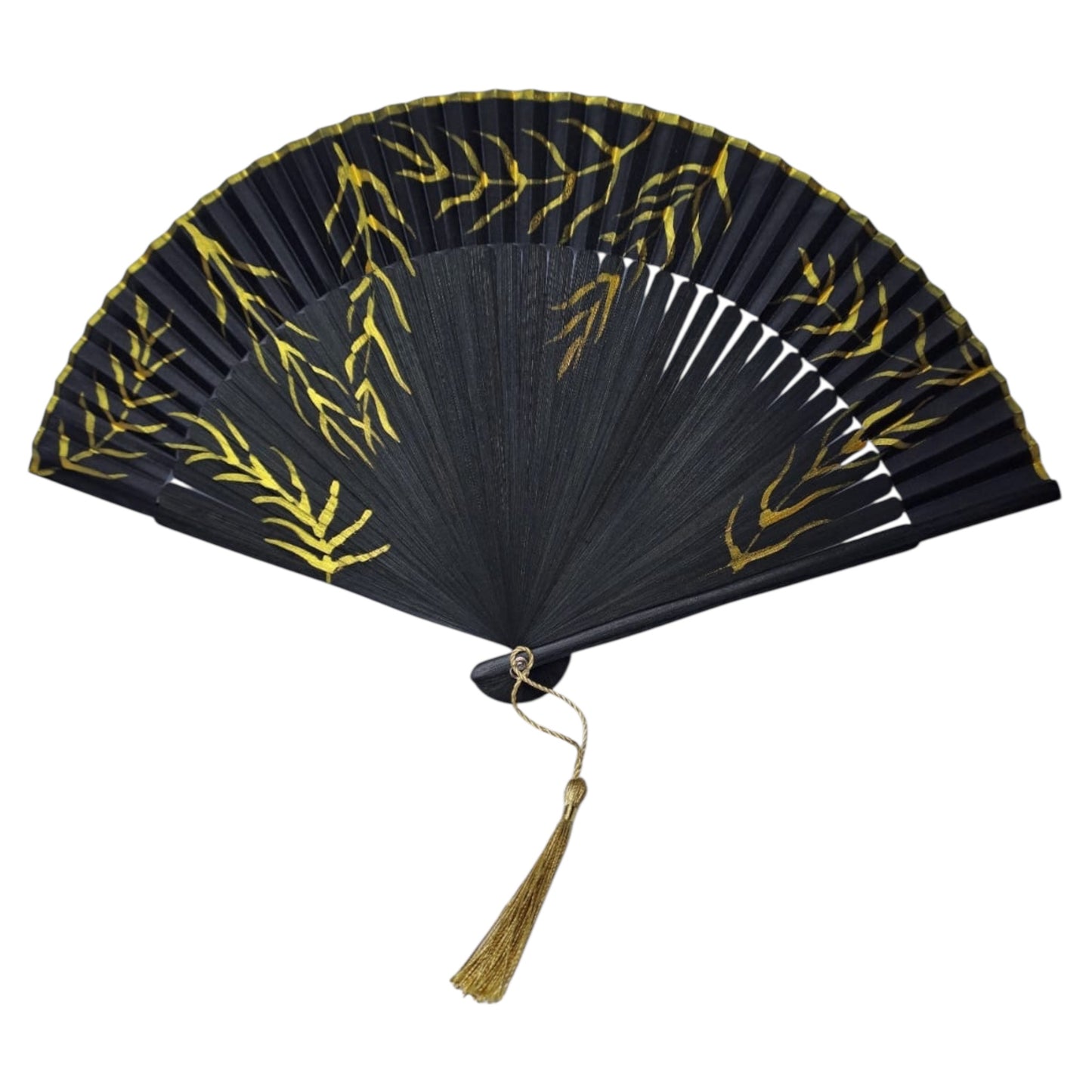 🖤 Hand-Painted Fan – Black & Gold Leaf Design