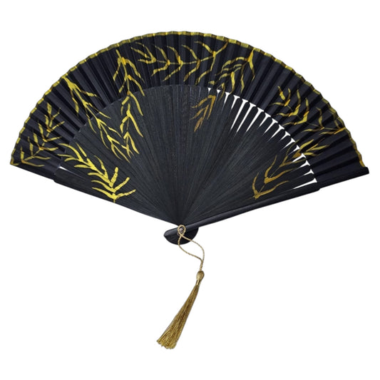 🖤 Hand-Painted Fan – Black & Gold Leaf Design