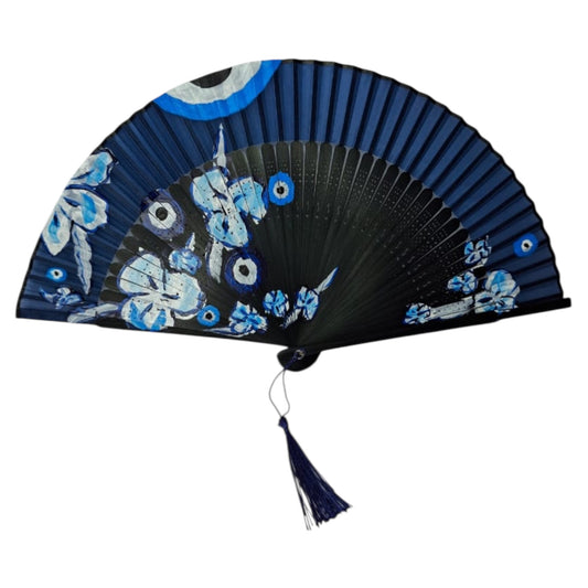 💙 Hand-Painted Fan – Blue Evil Eye & Butterfly Design
