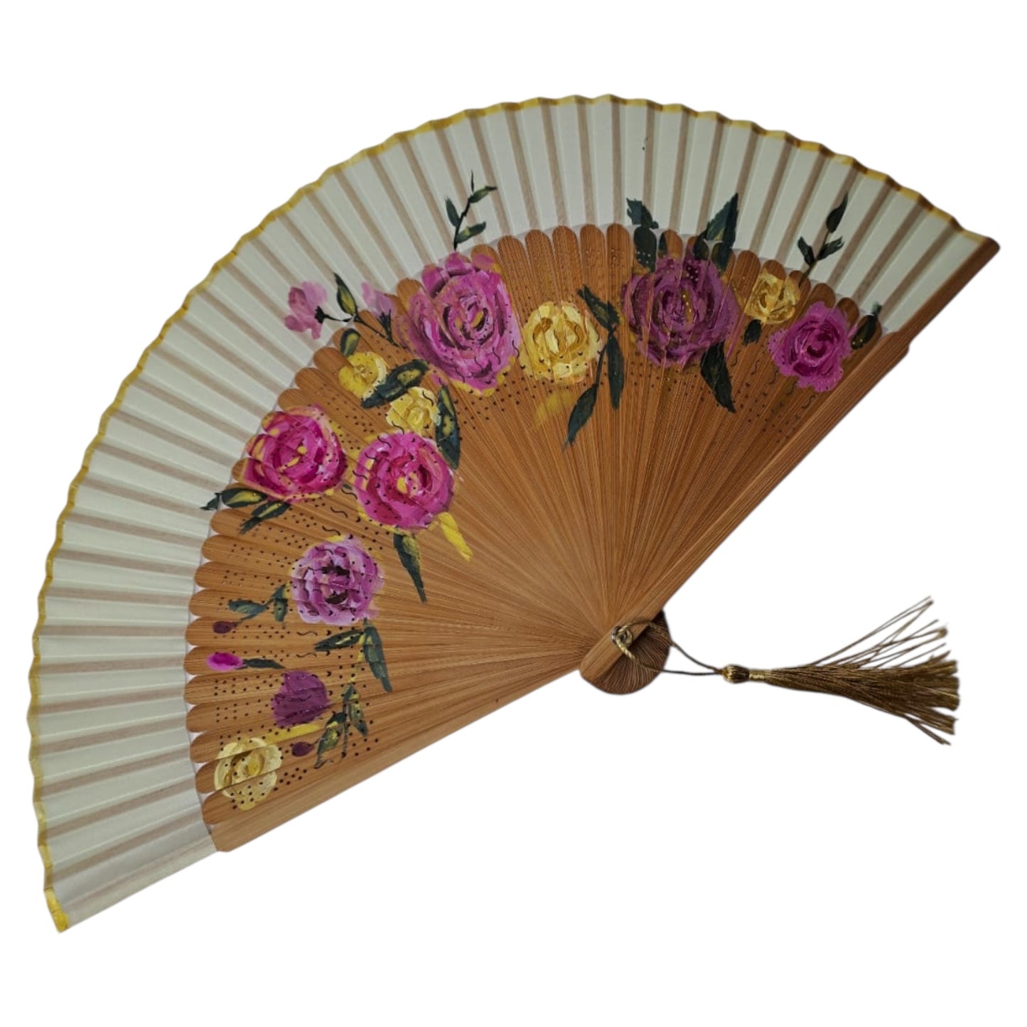 🌹 Hand-Painted Fan – Rose Garden with Gold Accents