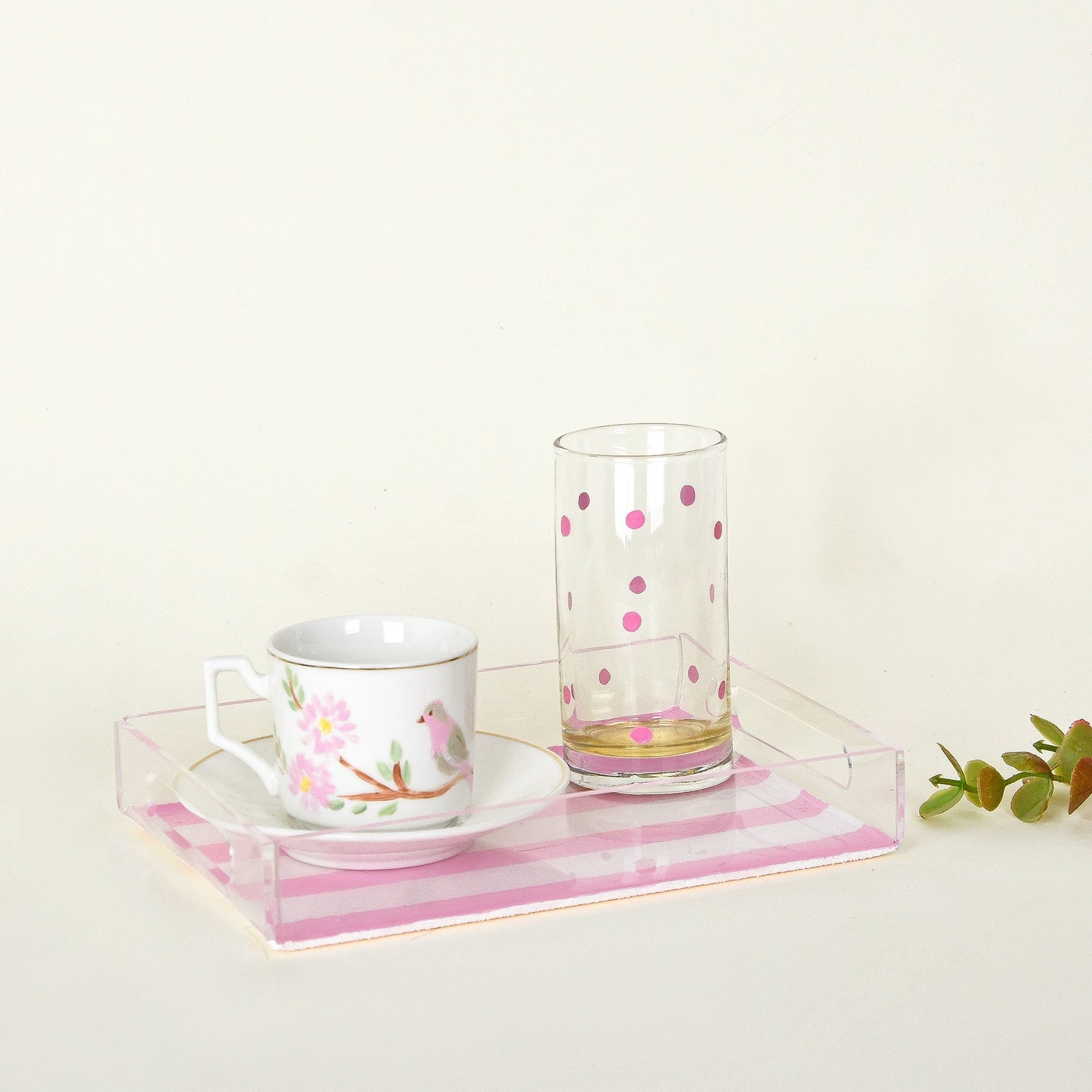 Pink Blossom Bird - Mother’s Day Hand-Painted Turkish Coffee Cup Gift Set with Plexi Tray (Ummi)