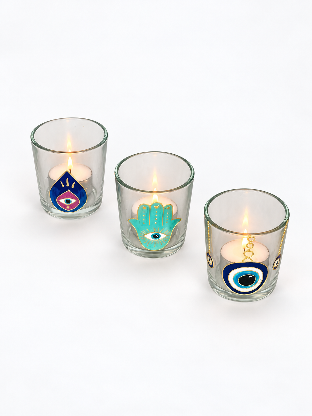 Hamsa & Nazar Charms Tea Light Candle Holders Set of Three