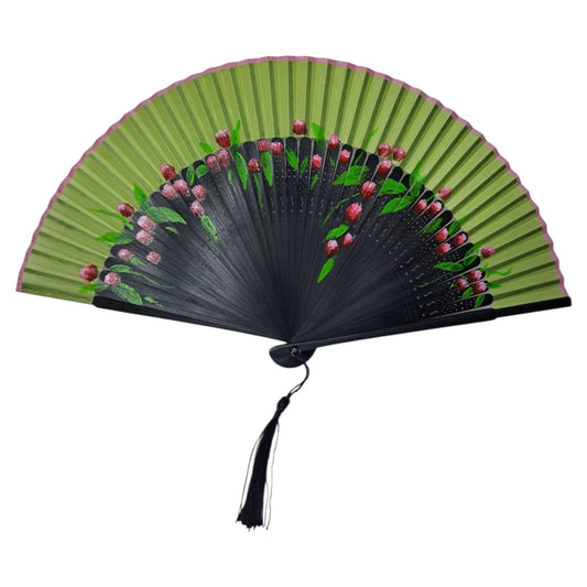 🌸 Hand-Painted Fan – Green & Pink Blossom