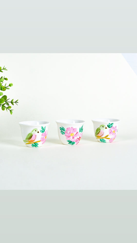 Bird & Flower Pink Blooms – Arabic Coffee Cups (Set of 6)