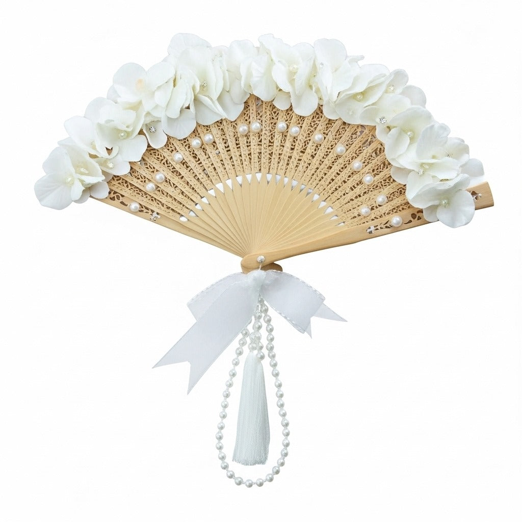 Bridal Fans – White Hydrangeas & Pearls