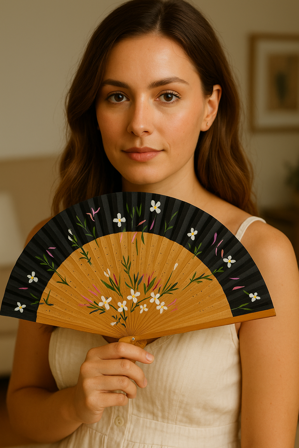 Hand-Painted Folding Fan – White Jasmine Garden