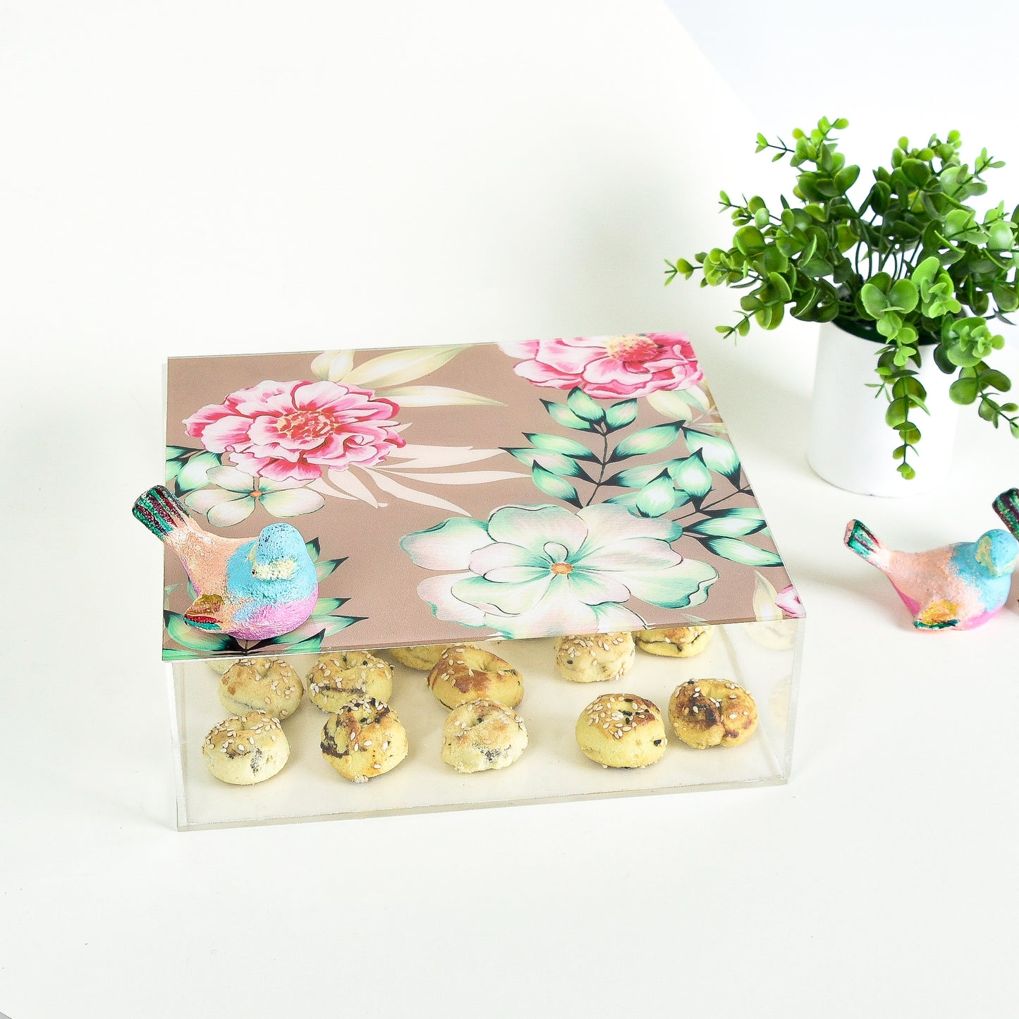 Bird & Flower Pink Blooms – Acrylic Square Box (25x25 cm)