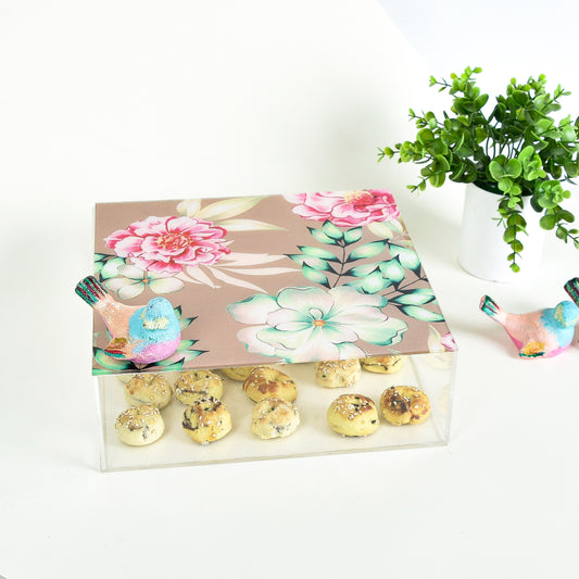 Bird & Flower Pink Blooms – Acrylic Square Box (25x25 cm)