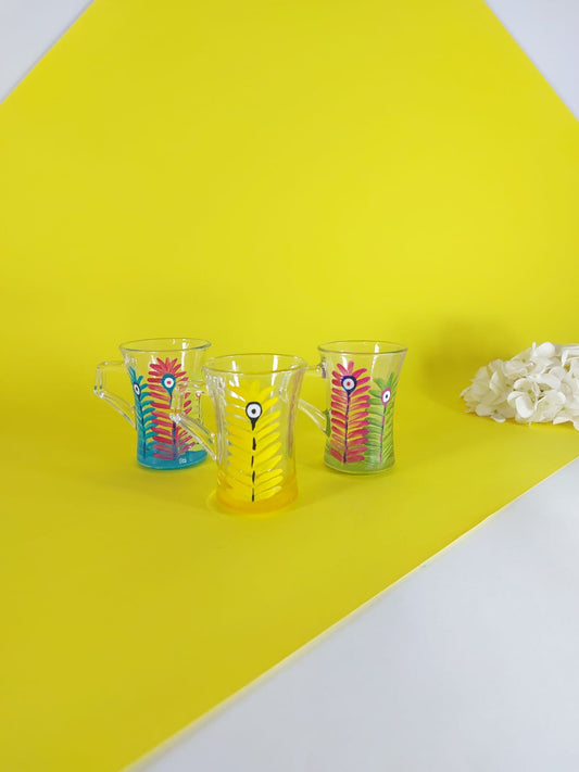 Three Feathers Hand-Painted Tea Glass Set with Handle
