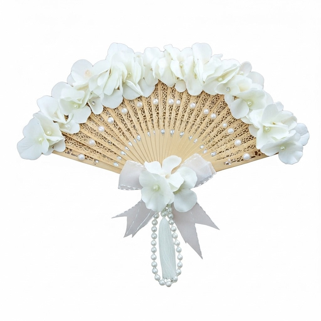 Bridal Fans – White Hydrangeas & Pearls
