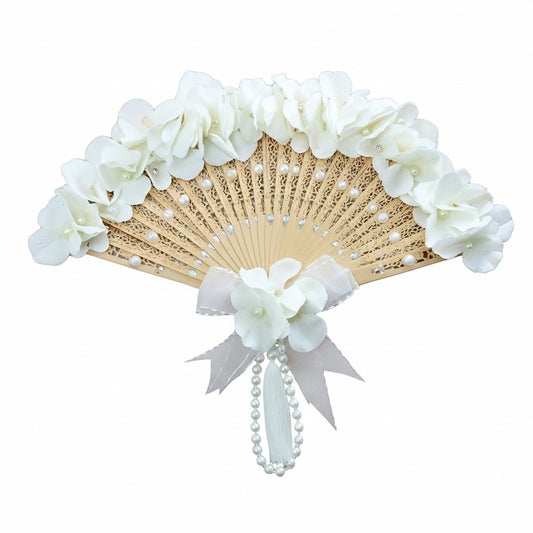 Bridal Fans – White Hydrangeas & Pearls