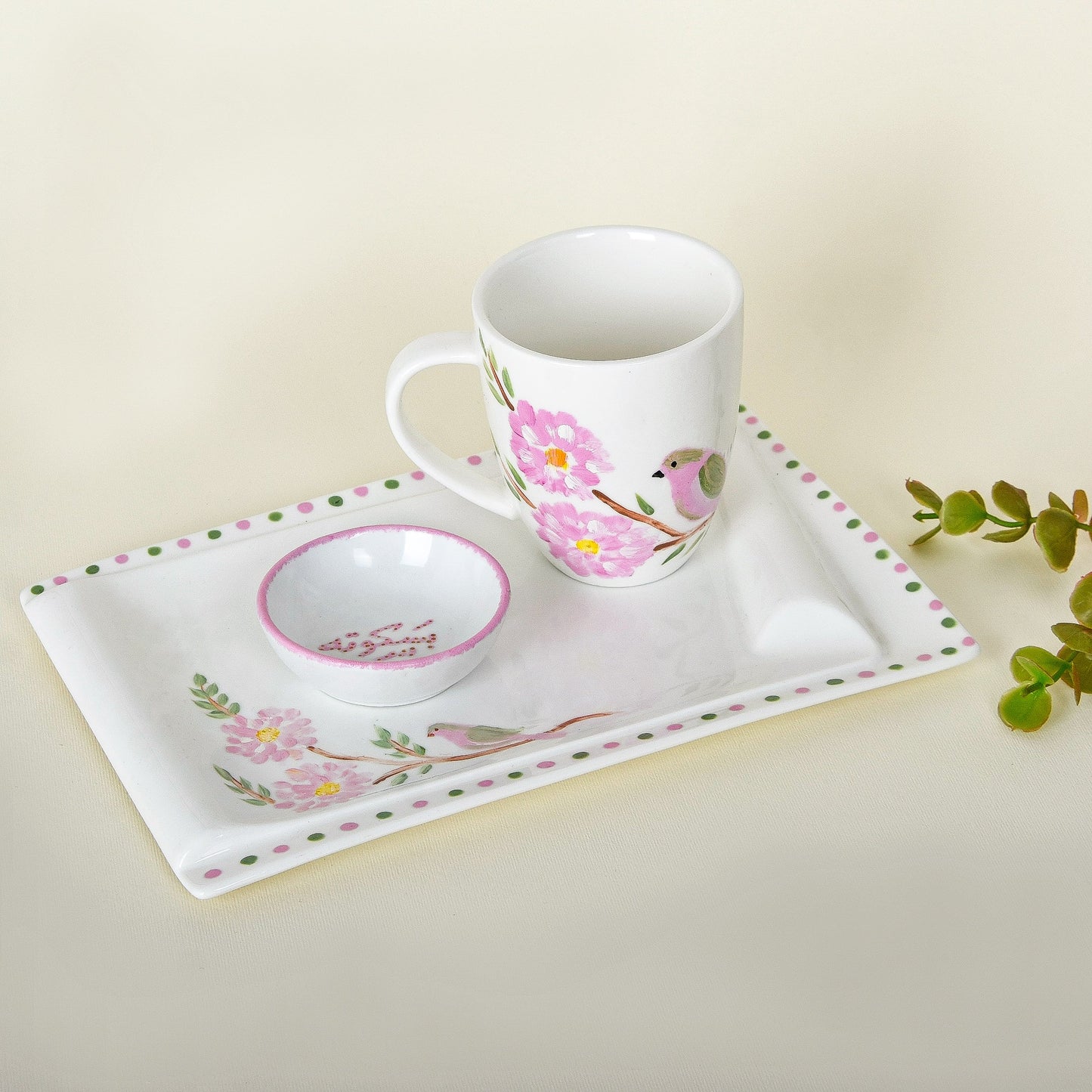 Pink Blossom Bird ƒ?? Motherƒ??s Day Hand-Painted Mug Gift Set (Sit El Habayeb)