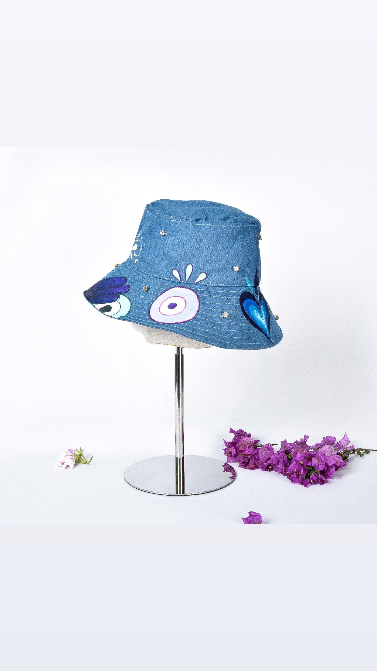 Painted Dark Blue Denim Fisherman Hat with Hearts & Eyes & Hands with Rhinestones