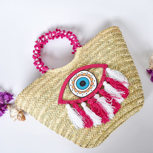 Straw Embellished Beach Bag with Fuchsia Eye