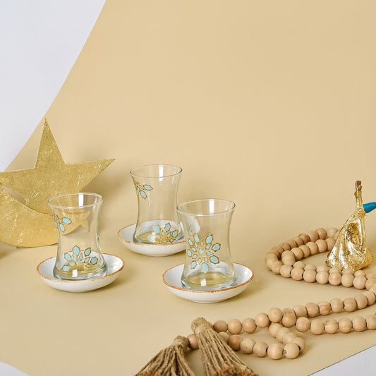 Light Blue & Gold Islamic Motifs – Tea Cups with Porcelain Saucers Set of Six