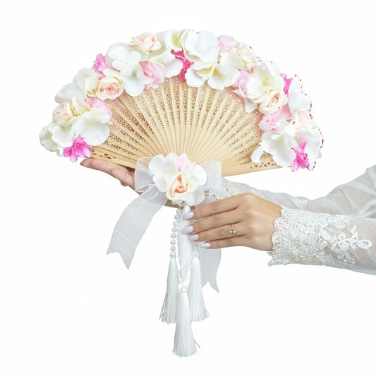 Bridal Fans – Pink Roses & Hydrangeas