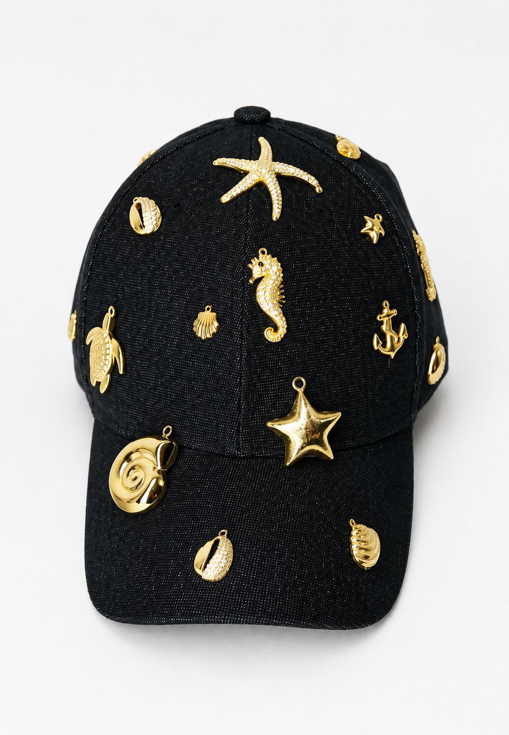 🖤 Handmade Black Cap – Golden Sea Life Charms