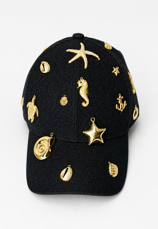 🖤 Handmade Black Cap – Golden Sea Life Charms