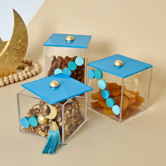 Blue Beaded Crescent with Gold Leaf – Acrylic Boxes set of 3
