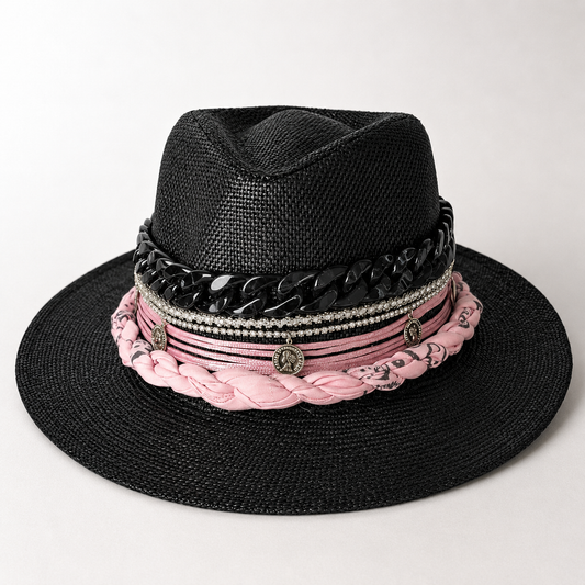 🖤 Handmade Black Straw Hat – Blush Pink Braided Band