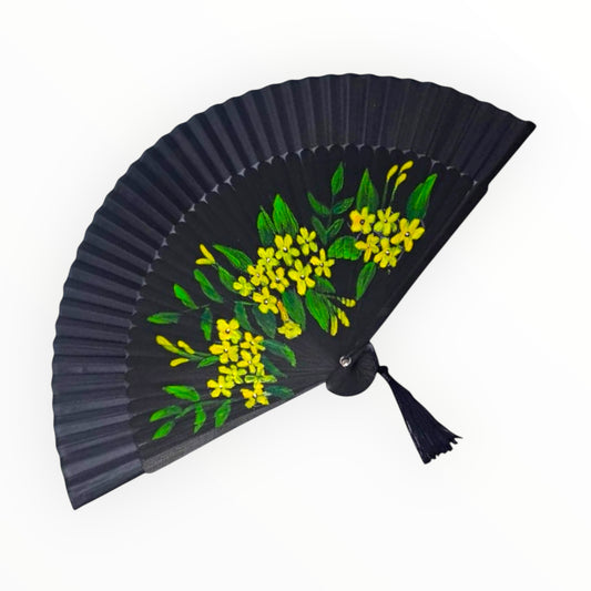 Hand-Painted Folding Fan - Yellow Flowers on Black